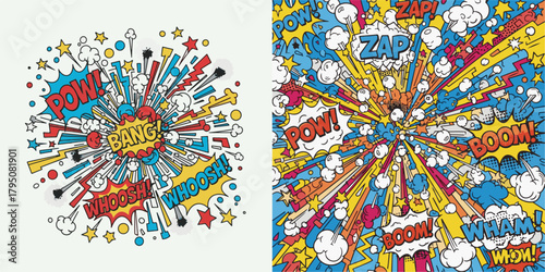 Comic Pop Art Explosion with Speech Bubbles and Radial Lines