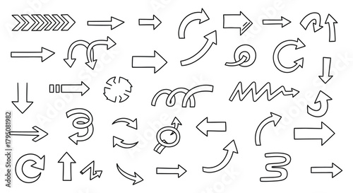 Collection of hand-drawn arrows in various styles for navigation and design elements
