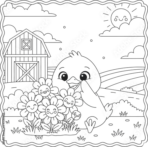 Cute chick with smiling flowers on a farm coloring page – adorable cartoon spring scene for kids and preschool activity books

