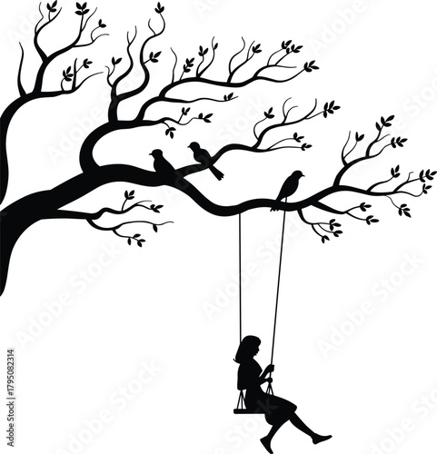 Peaceful tree swing silhouette, contemplative moment in nature, person sitting quietly, birds on branch, tranquil outdoor scene, emotional solitude, serene landscape