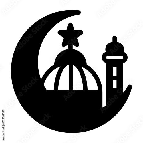 Islamic Mosque Dome and Minaret Icon. Religious Symbolism with Crescent Moon and Star for Faith, Worship, and Ramadan Greetings Design