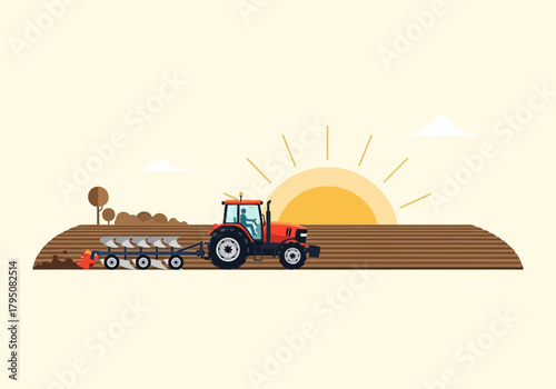 Red tractor pulling a multishare plow across a brown field at sunrise