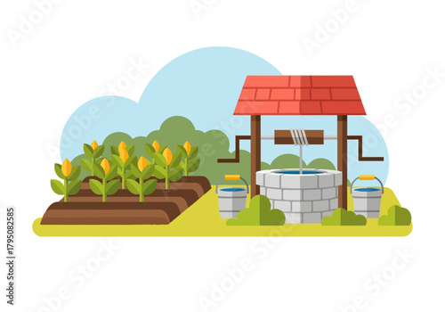 Stylized illustration of a water well next to a cornfield under a blue sky