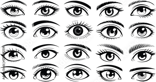 Stylized eye illustration grid, diverse eye shapes, eyebrow styles, pupil variations, artistic expressions, character design reference, animation, drawing template