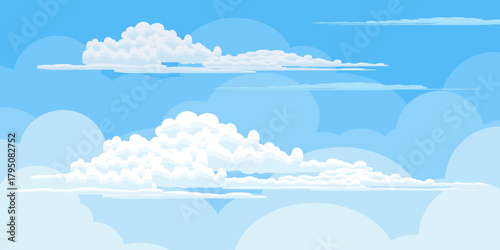 Illustration of a blue sky with white clouds in a flat style. Blue sky background and white clouds. Cartoon sky	
