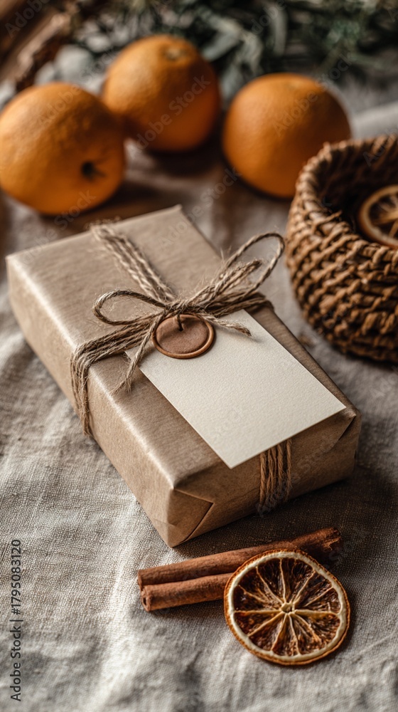 Fototapeta premium A beautifully wrapped gift sits on a textured surface, surrounded by fragrant oranges and rustic decor, evoking a warm, cozy atmosphere perfect for the holidays.
