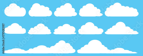 set of vector illustrations of clumpy clouds, cloud bubbles in flat style on a blue background	