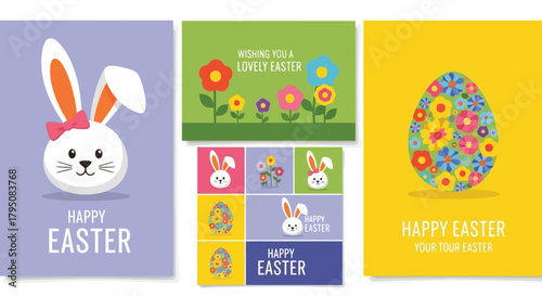 Easter Holiday Greeting Card Set with Bunny and Floral Theme