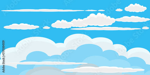 Illustration of a blue sky with white clouds in a flat style. Blue sky background and white clouds. Cartoon sky	
