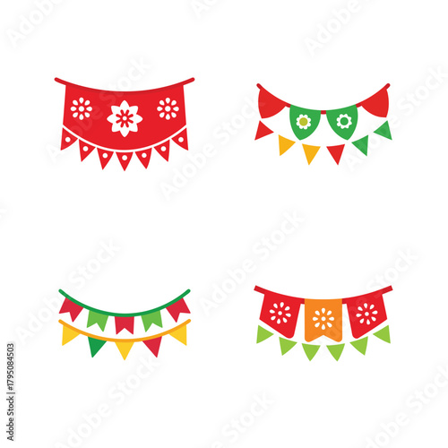 Four Colorful Fiesta Bunting Flags With Decorative Patterns On White Background banner