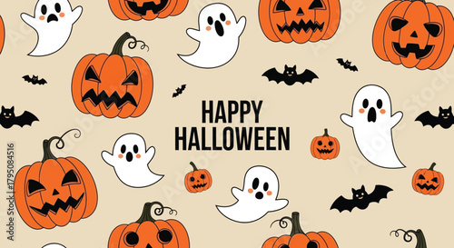 Halloween Pattern with Pumpkins, Ghosts, and Bats Festive Design