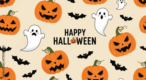 Festive Halloween Background with Pumpkins, Ghosts, and Bats