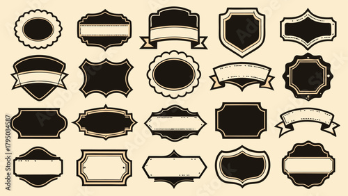 A collection of black and white frames in various shapes arranged artistically on a neutral background..eps