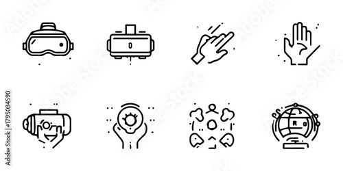 Collection of hand drawn icons representing virtual reality technology and user interaction