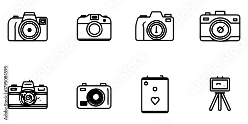Collection of  hand drawn line art icons representing different types of cameras and photography equipment