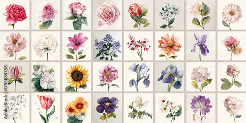 Collection of vintage botanical illustrations of various flowers in soft pastel colors