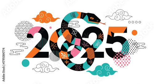 Year of the Snake 2025 Design with Snake, Numbers, and Clouds Illustration