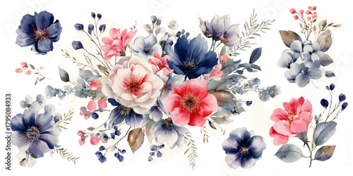 Delicate watercolor floral arrangement with soft pink blue and coral blooms and greenery