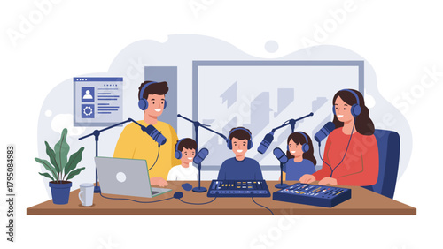 Family podcasting together, creating content in a home studio setup.