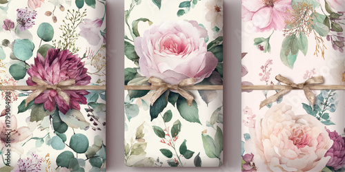 Delicate vintage floral pattern with soft pink roses and greenery on a light background