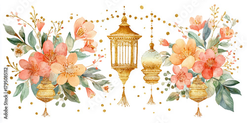 Watercolor floral arrangement with elegant golden lanterns and festive elements