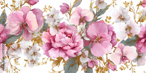 Elegant pink and white watercolor flowers, romantic floral pattern design