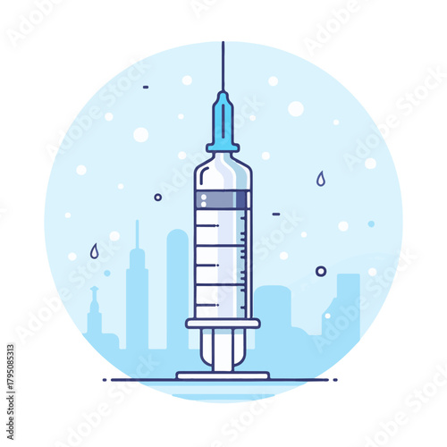 Stylized illustration of a medical syringe with a blue cap and plunger against a soft blue cityscape background