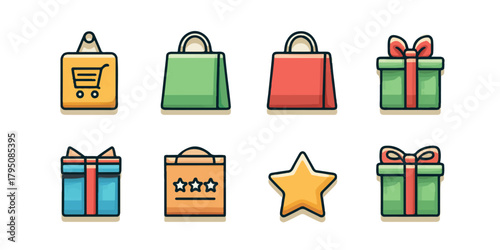 Shopping bags, gift boxes, and star icons for e-commerce and retail design
