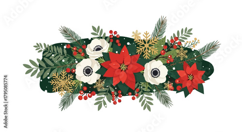 Festive Holiday Floral Arrangement with Poinsettias and Snowflakes