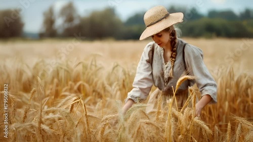 A woman in a straw hat and dress in a wheat field, with a blurred background of trees and sky. The style of the image is reminiscent of vintage or historical reenactment photography.