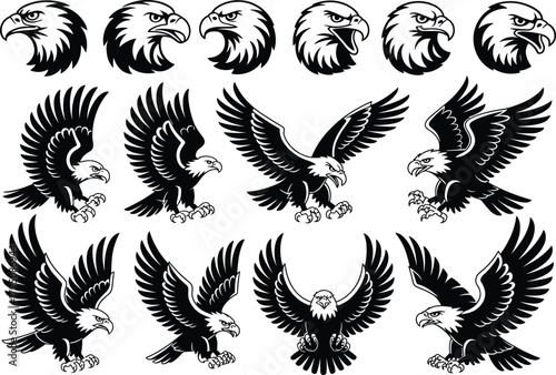 Eagle head and flying silhouette set, bold black and white vector, fierce bird emblem, patriotic animal design, majestic pose