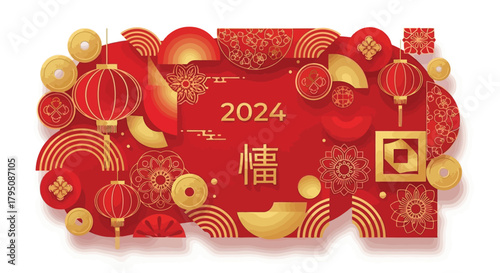 Festive Chinese New Year 2024 Decoration with Gold and Red Elements