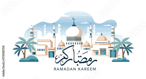 Ramadan Kareem illustration featuring a mosque and traditional arabesque design elements, with palm trees against a skyline
