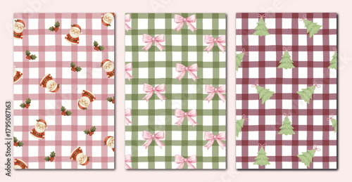 SET OF 3 SEAMLESS CHRISTMAS GINGHAM PATTERNS – SANTA, BOWS AND CHRISTMAS TREE WATERCOLOR DESIGN, FESTIVE DIGITAL PAPER BACKGROUND