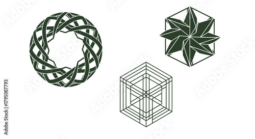 Three abstract geometric designs: a circular woven pattern, a hexagonal starburst, and a wireframe cube.