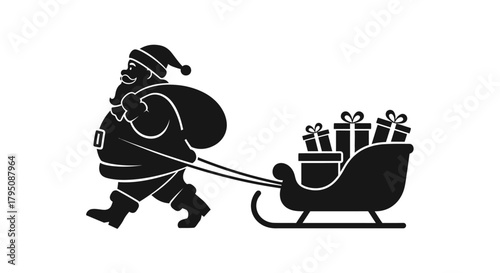 Silhouette of Santa Claus walking with a sack of presents and pulling a sleigh full of gifts.