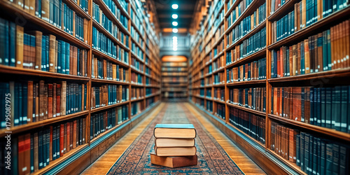 Library Aisle with Stacked Books Symbolizing Research and Knowledge for Academic Studies and Data Analysis