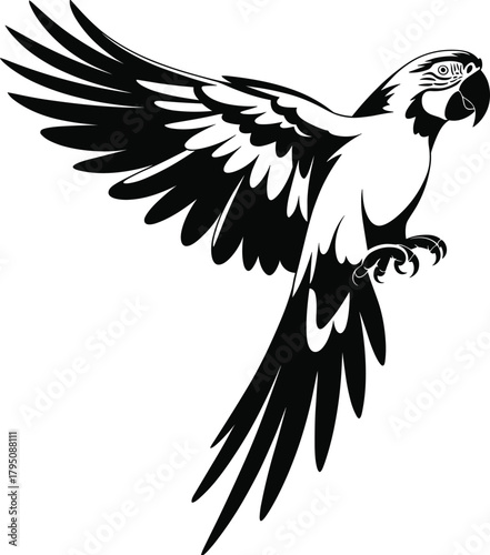 Flying parrot silhouette, tropical bird in motion, exotic wildlife vector, black and white illustration, dynamic wings, elegant avian pose