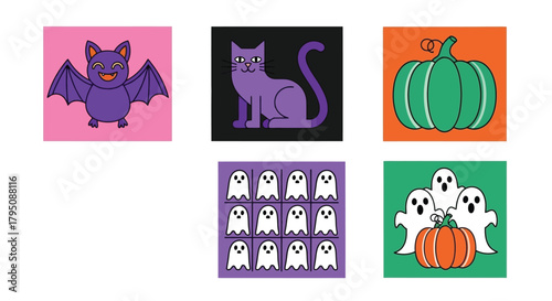 Spooky Halloween Icons Bat, Cat, Pumpkin, and Ghosts for Festive Designs