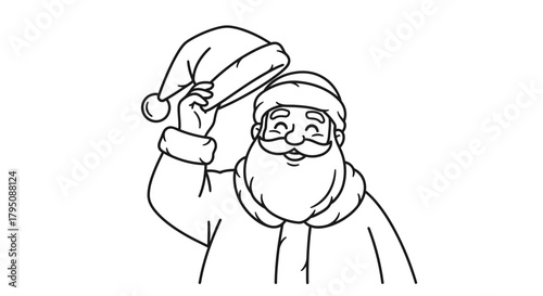 A detailed black and white illustration of Santa Claus tipping his hat.