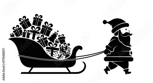 Silhouette of Santa Claus pulling a sleigh full of gifts, symbolizing Christmas and holiday cheer.