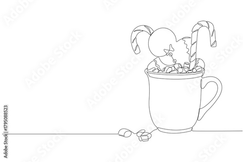 Single Continuous Line Drawing of Christmas Hot Cocoa with Candy Canes, marshmallows and Gingerbread Cookie. Editable stroke