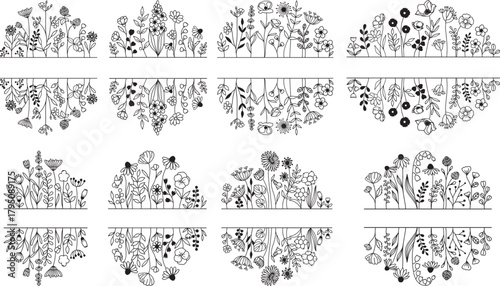 Set of 8 Split Monogram Wildflower Meadow SVG, Flower Field Outline Line Art, Laser Cut Files Glowforge Silhouette Cricut, Personalized Name, Wedding, Birthday