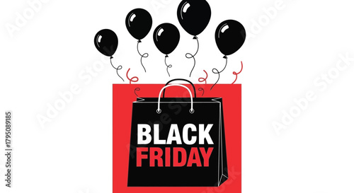 Black Friday Shopping Bag with Balloons for Festive Sales Event Announcement