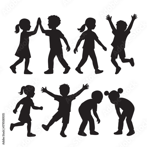 Collection of diverse children silhouettes engaged in playful activities isolated on white background