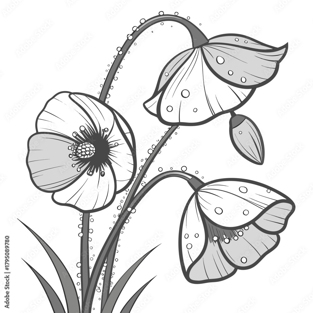 Fototapeta premium Captivating poppy flower illustration on featuring delicate petals adorned with water droplets, graceful stems, and intricate details, perfect for adding natural beauty