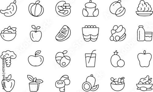 Healthy balance diet line art icon set. Containing healthy food, vegetable, fruits, drink and medical treat flat black editable vector illustration