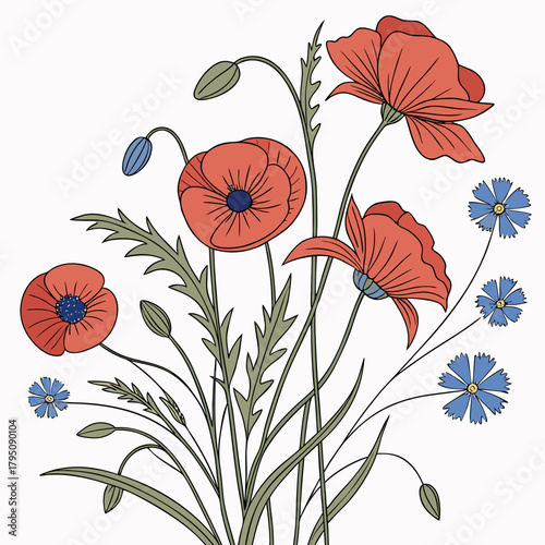 A delightful arrangement of wildflowers, showcasing red poppies and blue cornflowers, complemented by delicate green foliage, all presented in a charming, handdrawn style