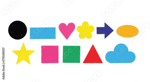 Colorful Geometric Shapes in a Row - Circle, Star, Heart, Rectangle, Square, Triangle, Cloud