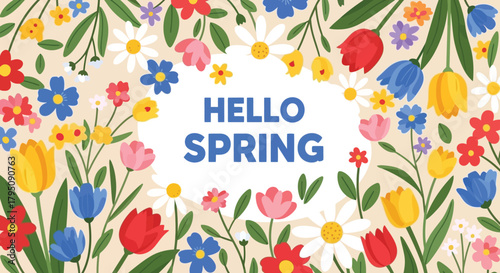 Hello Spring Floral Banner A Colorful Blossom Arrangement for Seasonal Greetings